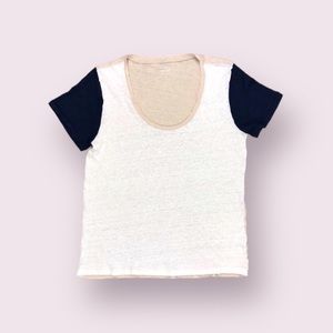 J Crew 100% Linen Color Block T Shirt Large Cream White Navy